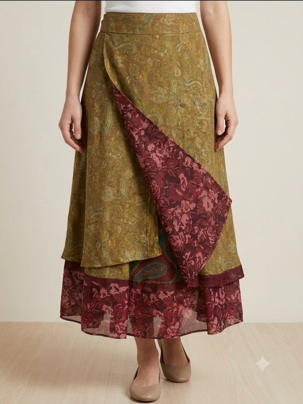 Reversible Boho Wrap Skirt in Olive and Burgundy Iris Impression Style One Size - Picture 6 of 8